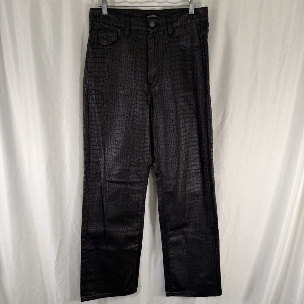 New PrettyLittleThing Pants Women's 8 Black Croc Print Coated Denim Straight Leg